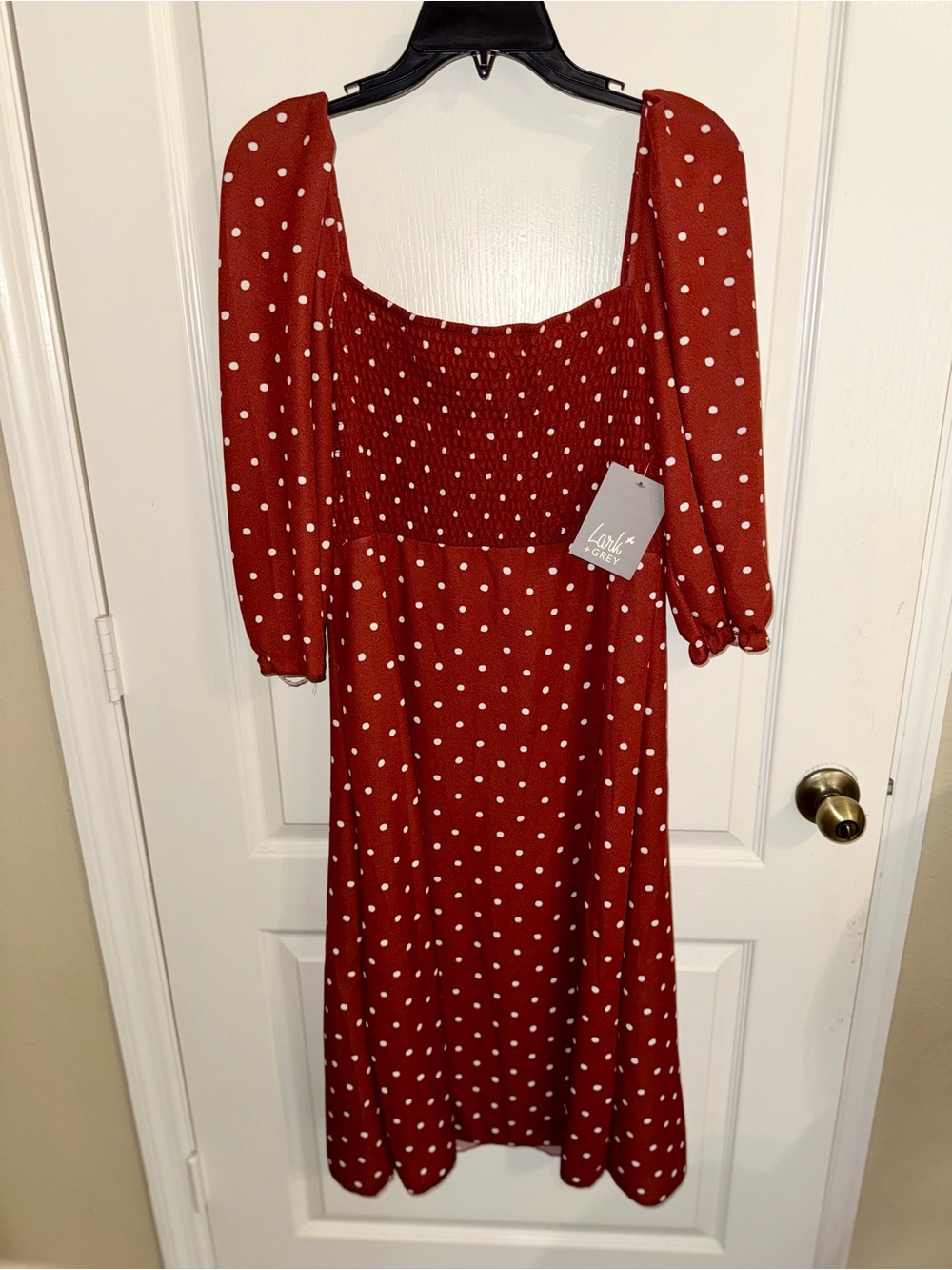 Lush Rust Red Polka Dot Shirred Midi Dress